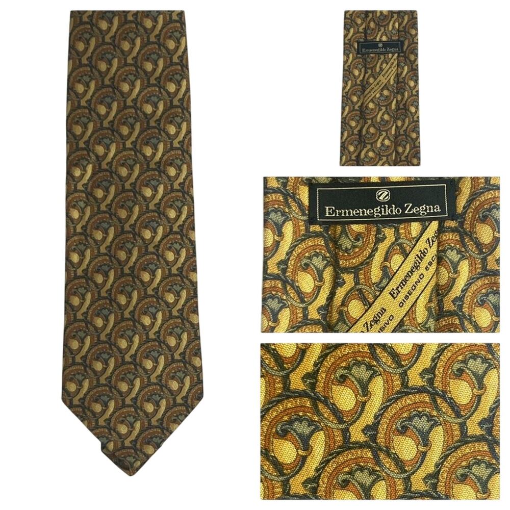 Ermenegildo Zegna Men's Necktie Yellow Patterned Silk Tie Exclusive Design Italy